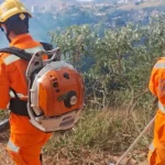Dois profissionais do Corpo de Bombeiros e Brigada Florestal utilizam equipamentos de combate a incêndios em uma área de vegetação atingida pelo fogo em João Monlevade. Ao fundo, é possível observar fumaça saindo da área afetada e parte da paisagem urbana da cidade.