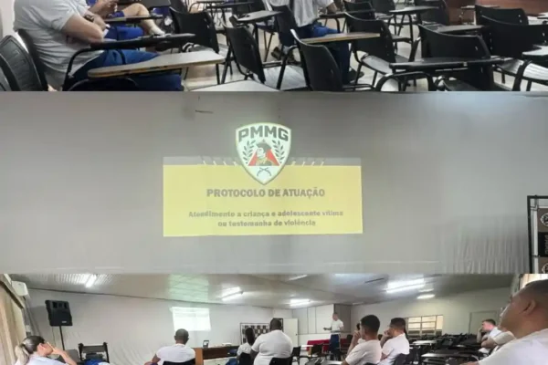 Militares da 17ª Companhia da Polícia Militar participam de treinamento em sala de aula sobre atendimento a crianças e adolescentes vítimas ou testemunhas de violência. Nas imagens, policiais acompanham palestras e apresentação de slides com orientações sobre protocolos de atuação e proteção de direitos.