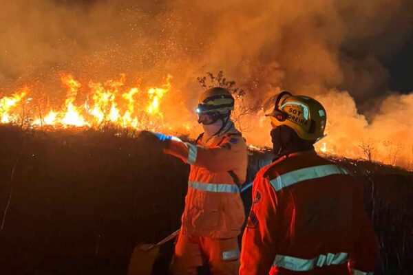 Dois integrantes do Corpo de Bombeiros observam e combatem um incêndio florestal de grandes proporções durante a noite. Ao fundo, uma extensa linha de chamas consome a vegetação, produzindo intensa fumaça e iluminando a cena com tons alaranjados.