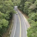 Vista aérea de um trecho da BR-262 em Minas Gerais, com pista de mão dupla atravessando uma área de mata fechada. Um veículo trafega pela rodovia, que possui curvas acentuadas e sinalização horizontal em boas condições.