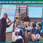 Fotomontagem horizontal do Seminário sobre Relações Étnico-Raciais em João Monlevade. A composição apresenta palestrantes durante exposições, participantes em atividades de grupo, projeções sobre educação para as relações étnico-raciais e livros sobre educação antirracista, destacando ações de formação voltadas à promoção da igualdade racial e da inclusão nas escolas.