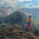 Bombeiro combate incêndio em vegetação no bairro Planalto, em João Monlevade. Ao fundo, casas da região aparecem envoltas por fumaça enquanto equipes trabalham para controlar as chamas próximas às residências.
